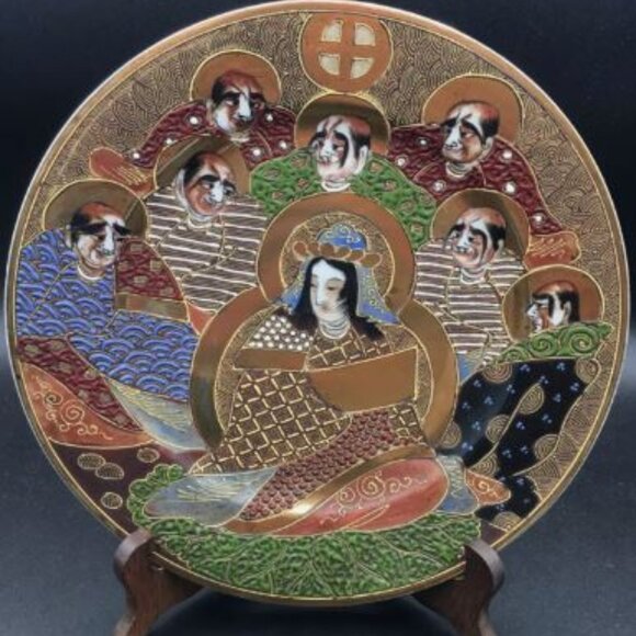 Antique Satsuma Japanese Moriage Raised Gold, Goddess Kanna & 7 Immortals Plate - Picture 1 of 7
